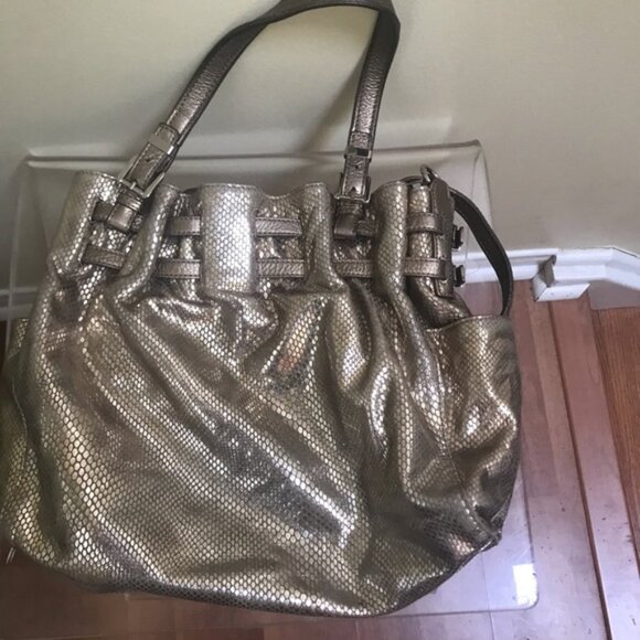 Michael Kors Leather Snake Print Gold Shoulder Hobo Bag Satchel Pockets Neutral - Picture 15 of 16